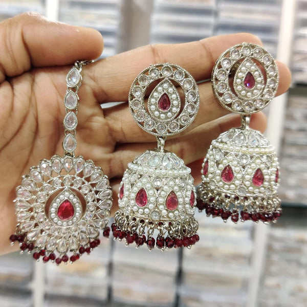 Pooja Bangles Silver Plated Crystal And Pearl Jhumki With Maangtikka