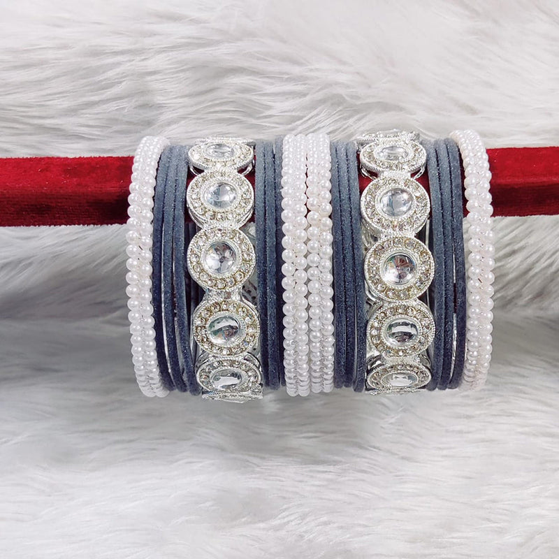 Pooja Bangles Silver Plated Austrian Stone And Velvet Bangles Set