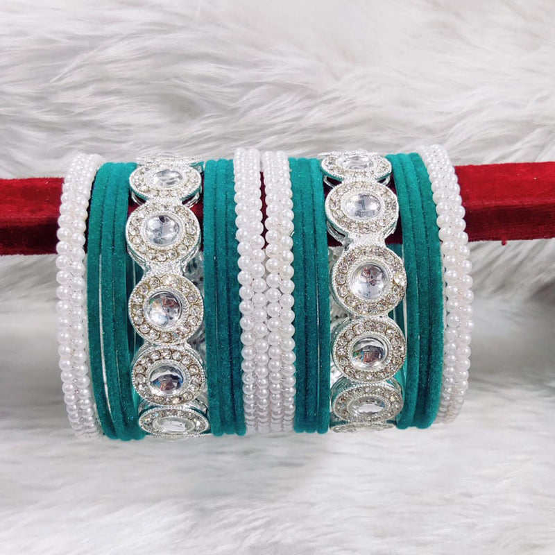 Pooja Bangles Silver Plated Austrian Stone And Velvet Bangles Set