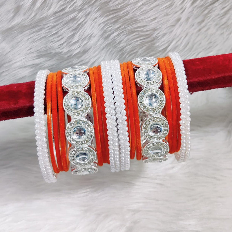 Pooja Bangles Silver Plated Austrian Stone And Velvet Bangles Set