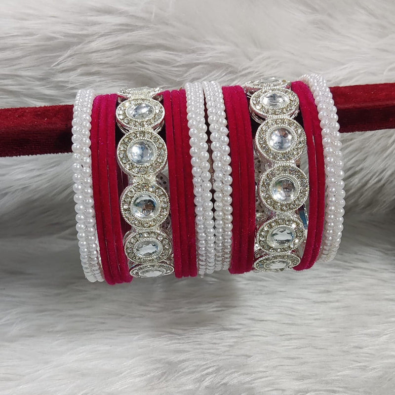 Pooja Bangles Silver Plated Austrian Stone And Velvet Bangles Set