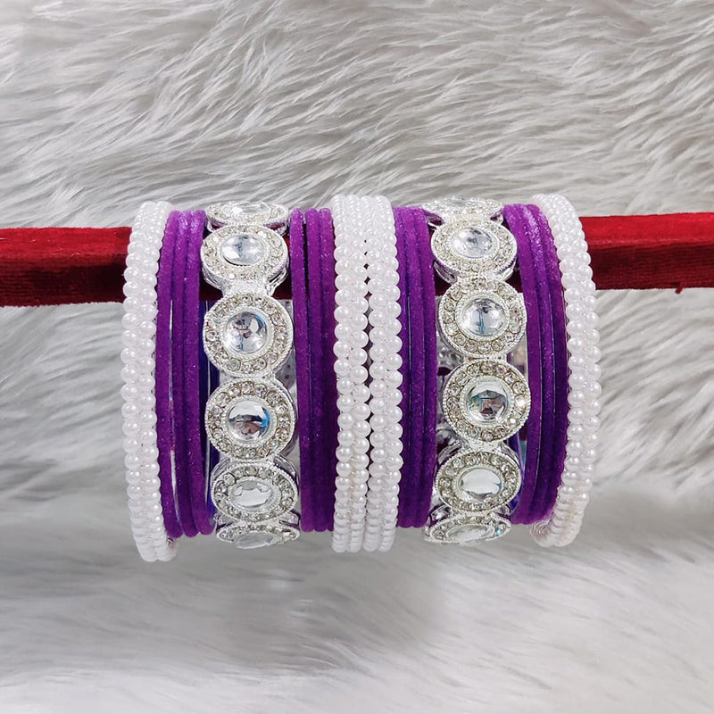 Pooja Bangles Silver Plated Austrian Stone And Velvet Bangles Set