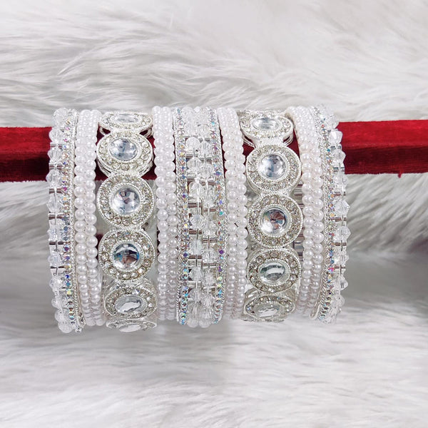 Pooja Bangles Silver Plated Austrian Stone And Pearls Bangles Set