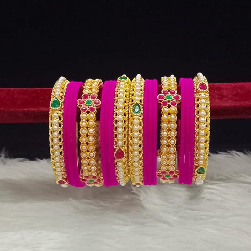 Pooja Bangles Gold Plated Pota Stone And Pearls Velvet Bangles Set