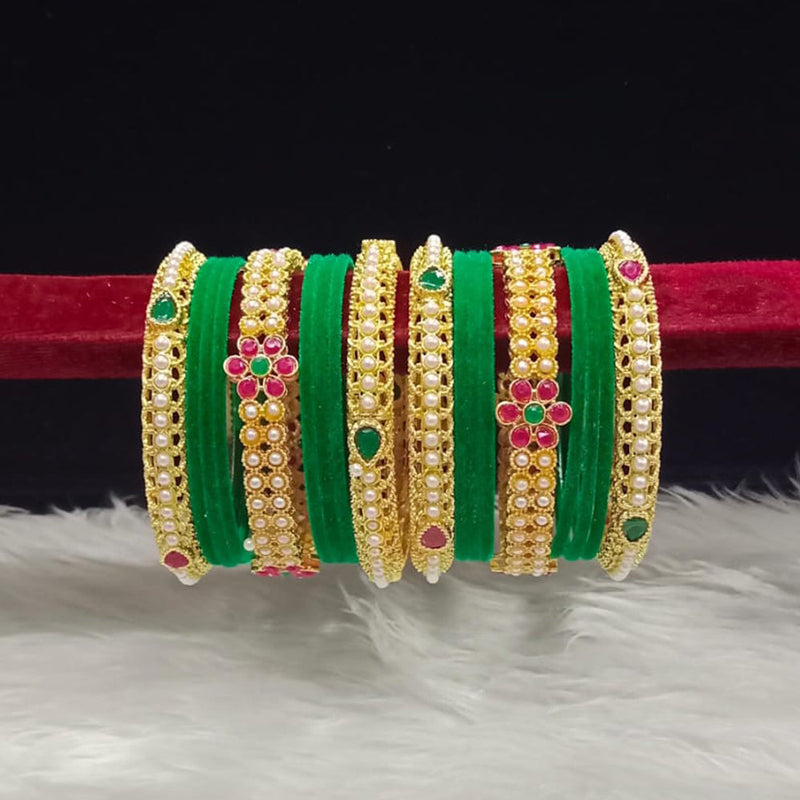 Pooja Bangles Gold Plated Pota Stone And Pearls Velvet Bangles Set