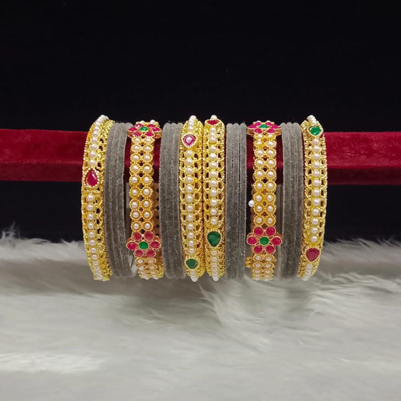 Pooja Bangles Gold Plated Pota Stone And Pearls Velvet Bangles Set