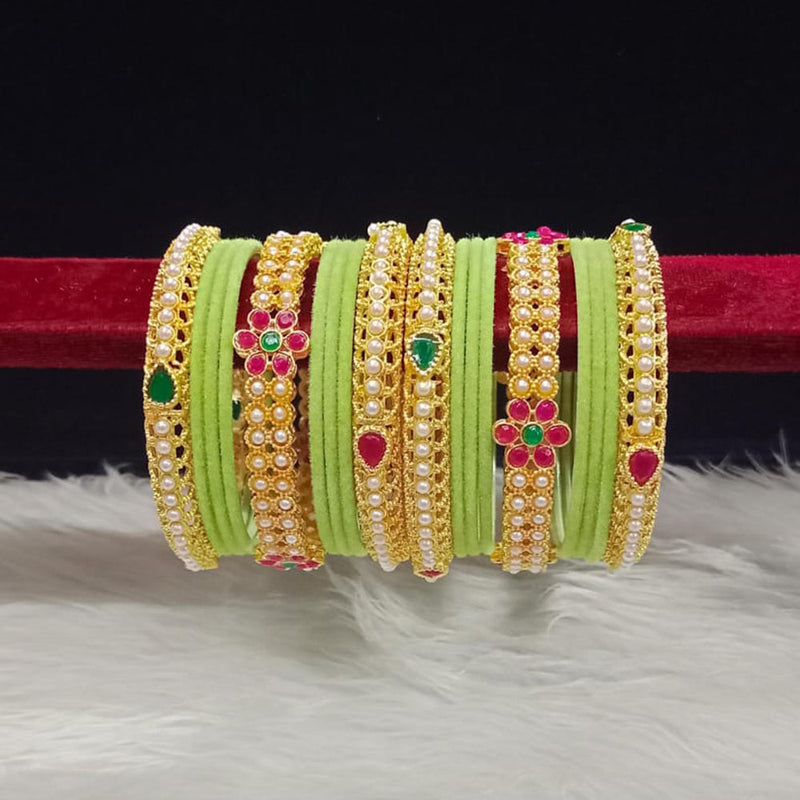 Pooja Bangles Gold Plated Pota Stone And Pearls Velvet Bangles Set