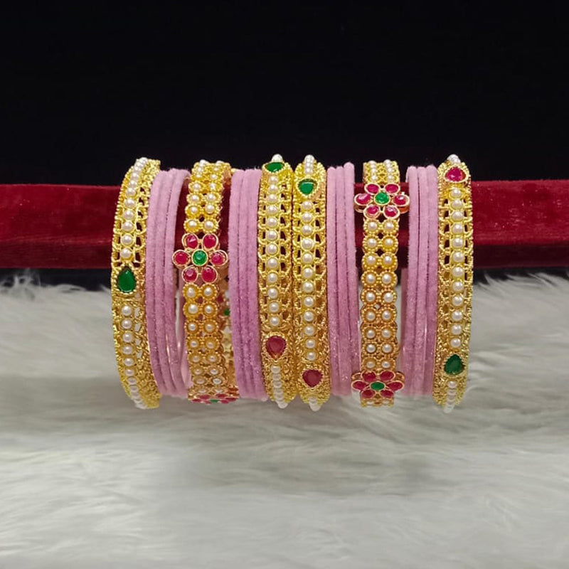 Pooja Bangles Gold Plated Pota Stone And Pearls Velvet Bangles Set