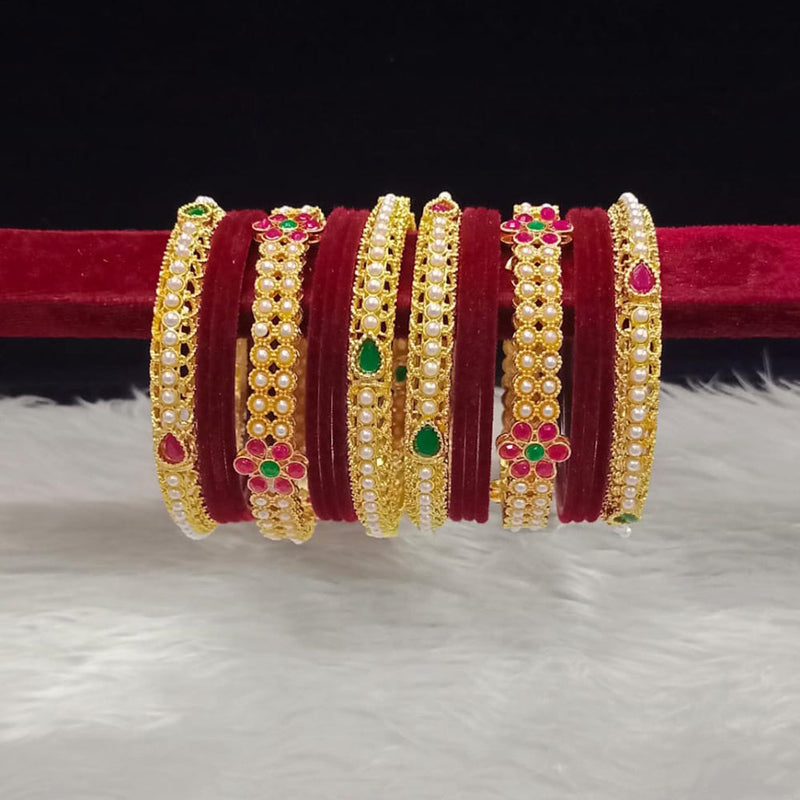 Pooja Bangles Gold Plated Pota Stone And Pearls Velvet Bangles Set