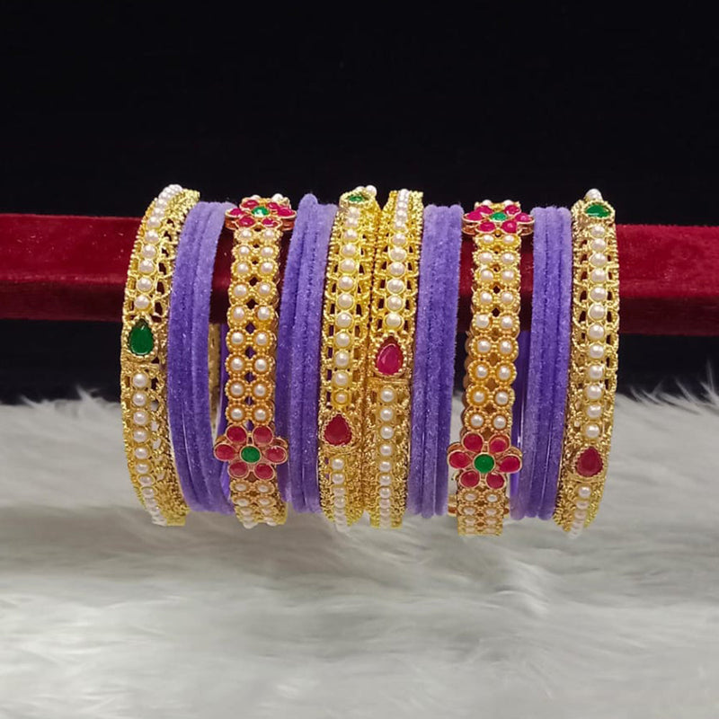 Pooja Bangles Gold Plated Pota Stone And Pearls Velvet Bangles Set