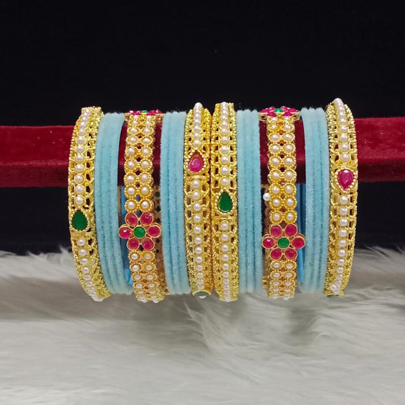 Pooja Bangles Gold Plated Pota Stone And Pearls Velvet Bangles Set