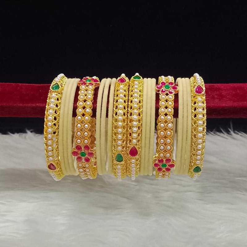 Pooja Bangles Gold Plated Pota Stone And Pearls Velvet Bangles Set