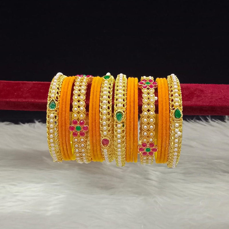 Pooja Bangles Gold Plated Pota Stone And Pearls Velvet Bangles Set