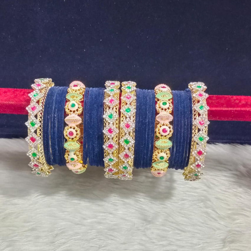 Pooja Bangles Gold Plated Pota Stone And Pearls Velvet Bangles Set