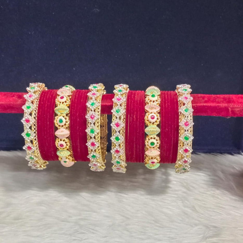 Pooja Bangles Gold Plated Pota Stone And Pearls Velvet Bangles Set