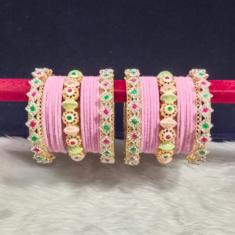 Pooja Bangles Gold Plated Pota Stone And Pearls Velvet Bangles Set