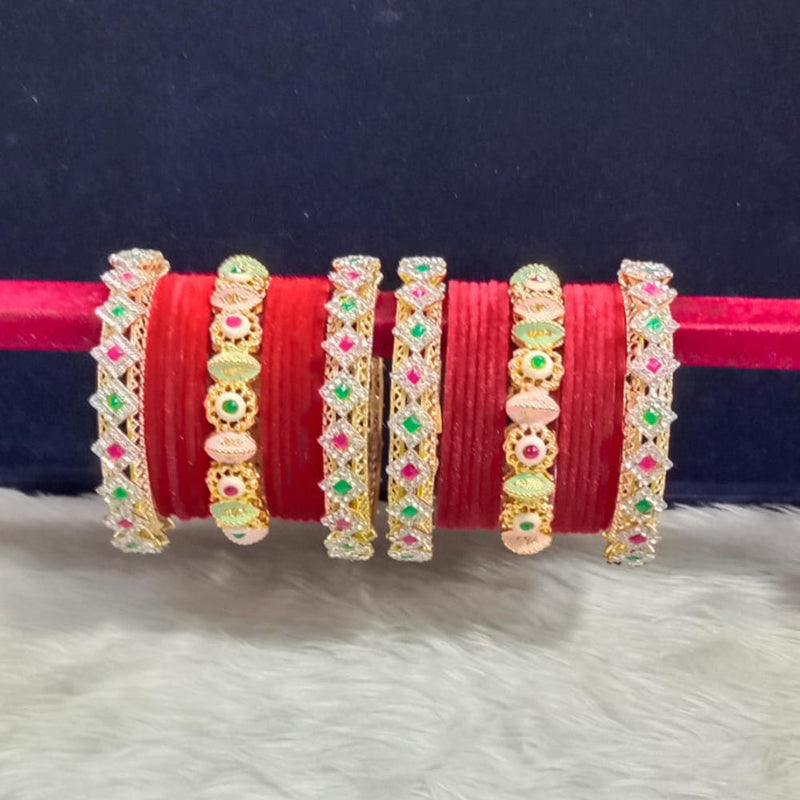 Pooja Bangles Gold Plated Pota Stone And Pearls Velvet Bangles Set