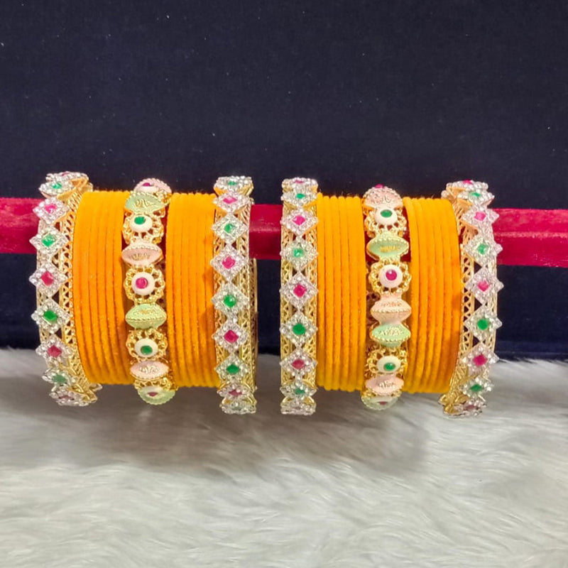 Pooja Bangles Gold Plated Pota Stone And Pearls Velvet Bangles Set