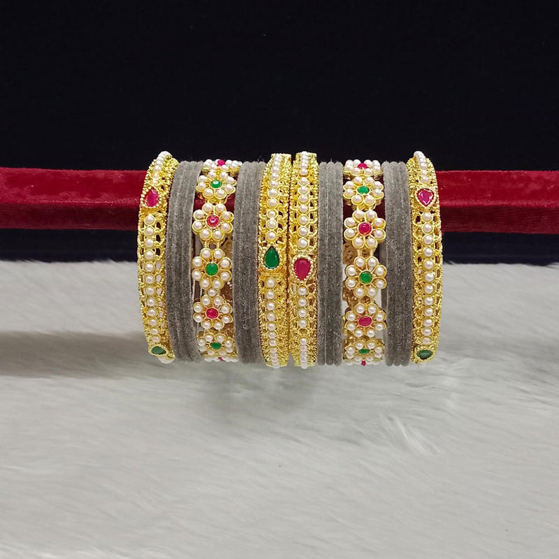 Pooja Bangles Gold Plated Pota Stone And Pearls Velvet Bangles Set