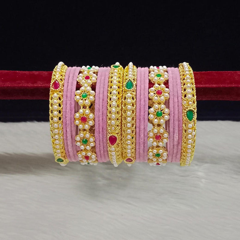 Pooja Bangles Gold Plated Pota Stone And Pearls Velvet Bangles Set