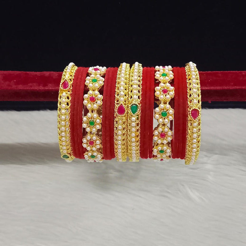 Pooja Bangles Gold Plated Pota Stone And Pearls Velvet Bangles Set