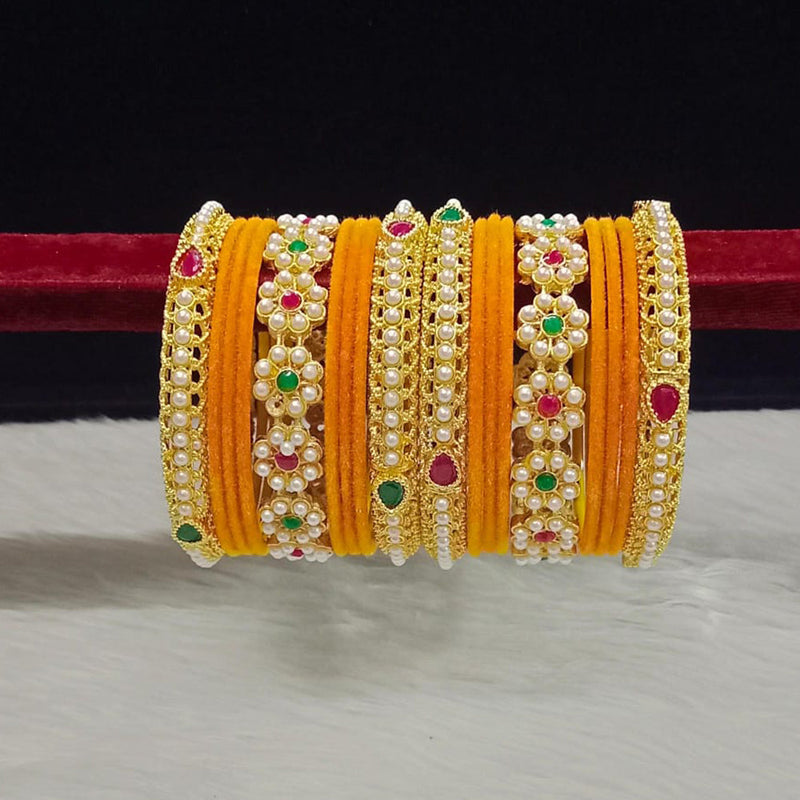 Pooja Bangles Gold Plated Pota Stone And Pearls Velvet Bangles Set