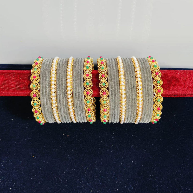 Pooja Bangles Gold Plated Pearls Velvet Bangles Set