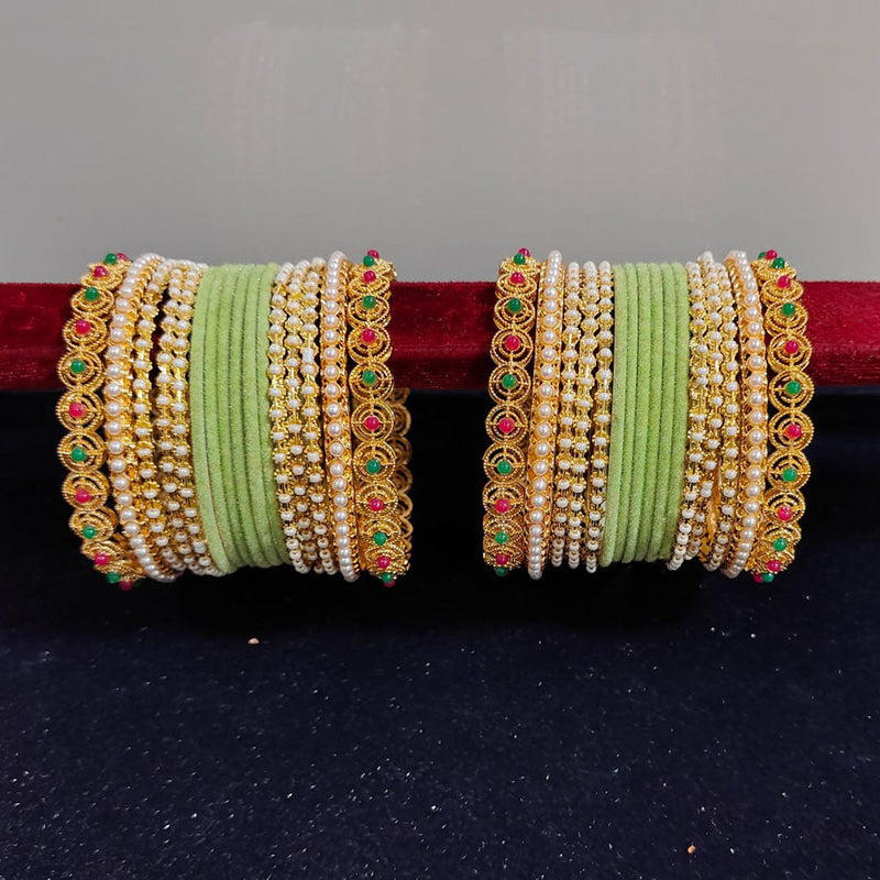 Pooja Bangles Gold Plated Pearls Velvet Bangles Set