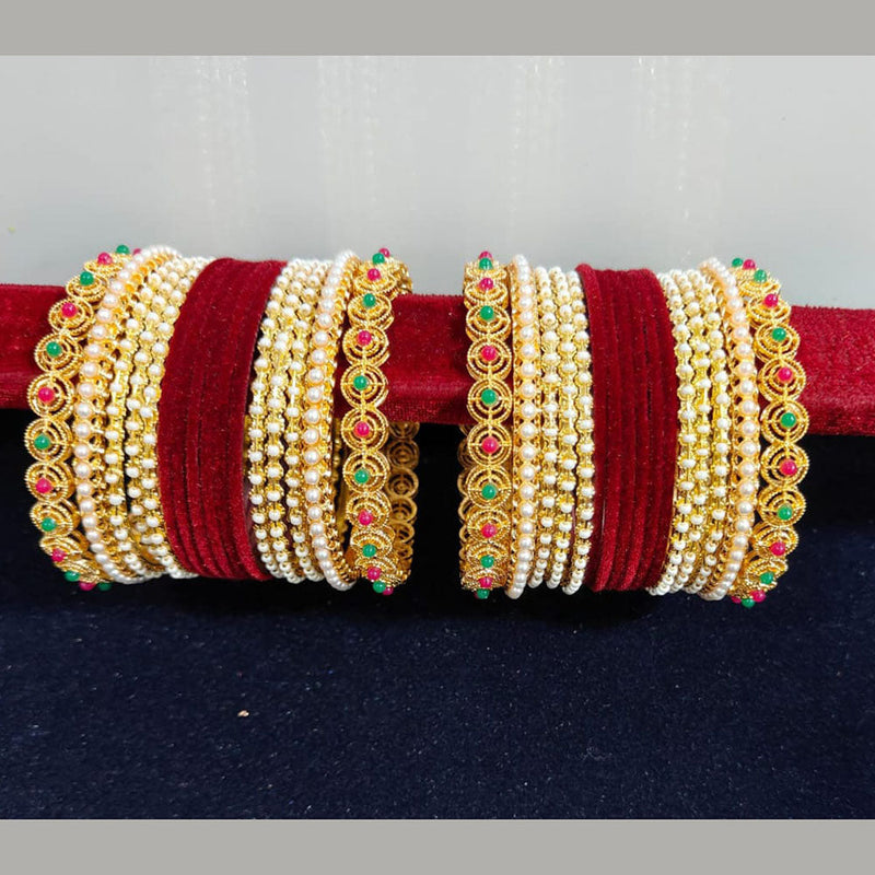 Pooja Bangles Gold Plated Pearls Velvet Bangles Set