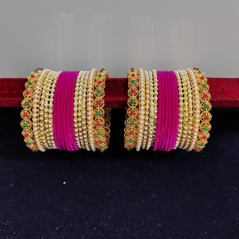 Pooja Bangles Gold Plated Pearls Velvet Bangles Set