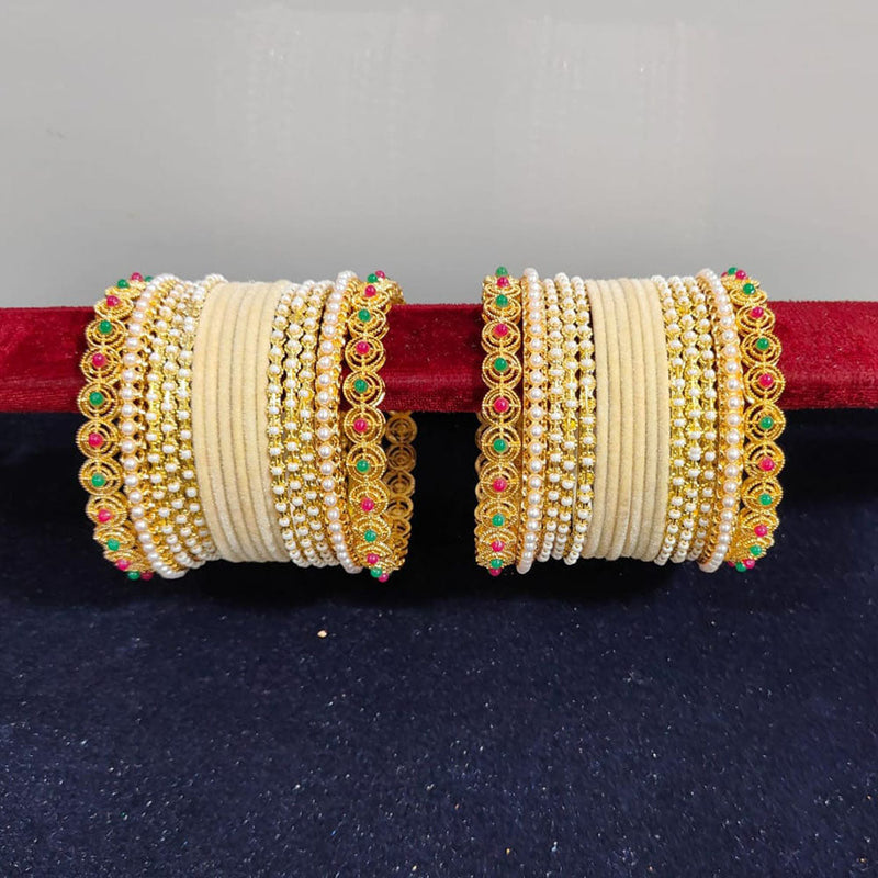 Pooja Bangles Gold Plated Pearls Velvet Bangles Set