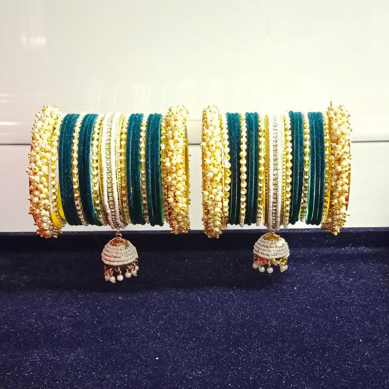 Pooja Bangles Gold Plated Austrian Stone And Pearls Velvet Bangles Set