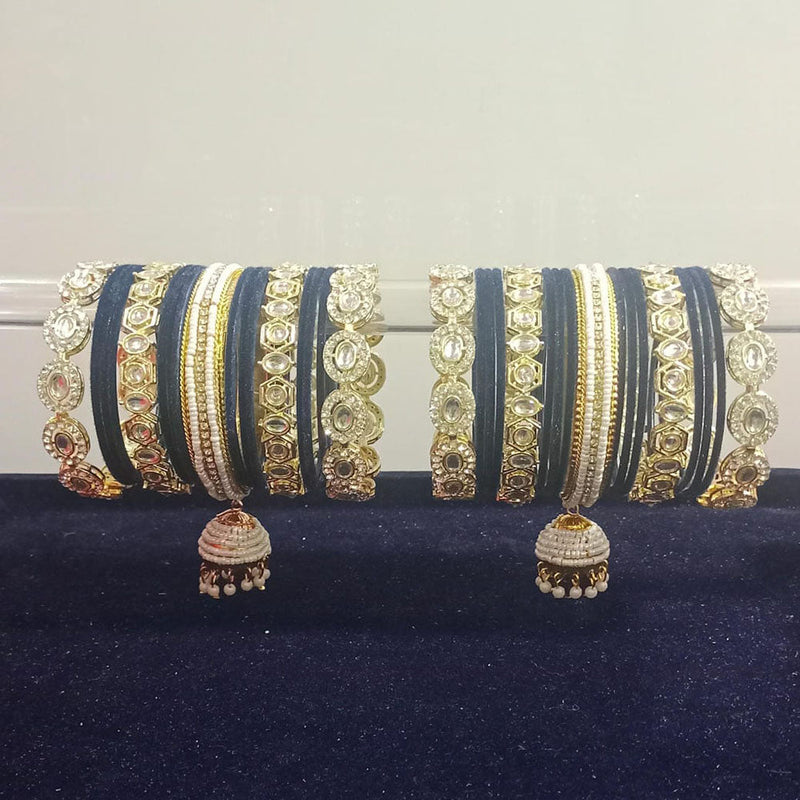 Pooja Bangles Gold Plated Kundan Stone And Pearls Velvet Bangles Set