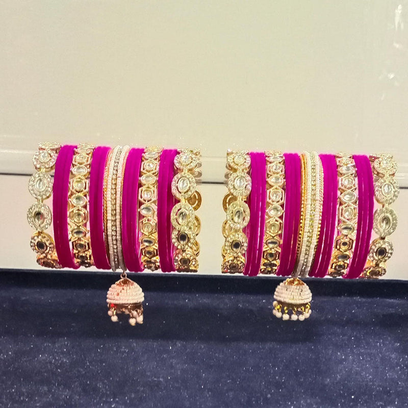 Pooja Bangles Gold Plated Kundan Stone And Pearls Velvet Bangles Set