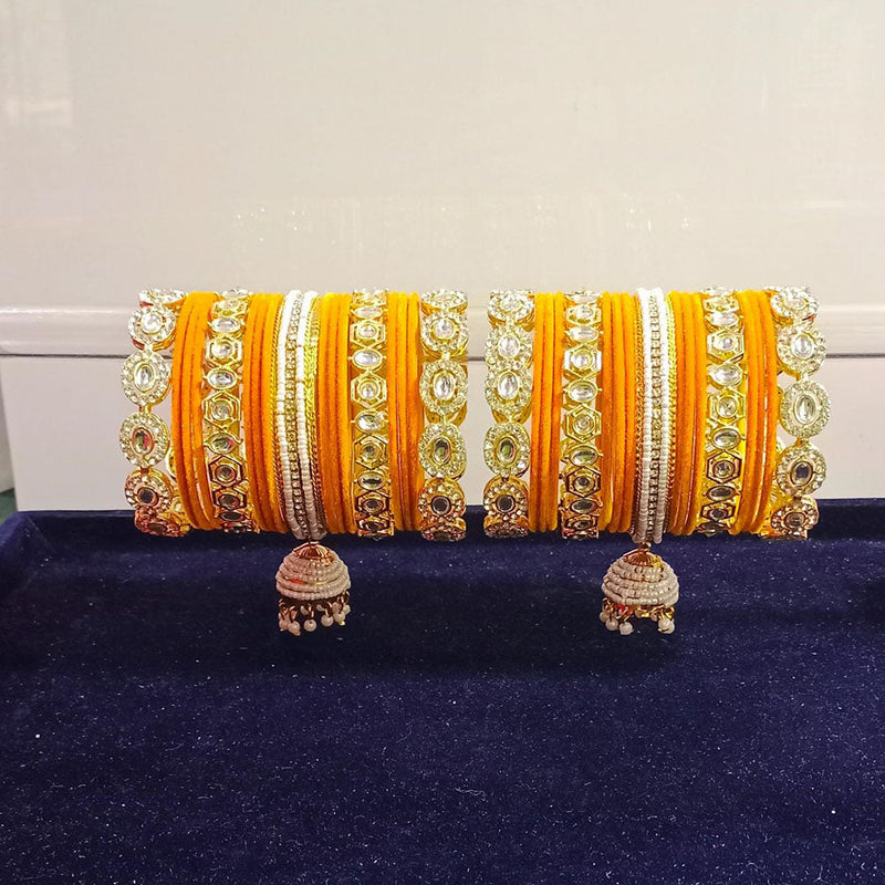 Pooja Bangles Gold Plated Kundan Stone And Pearls Velvet Bangles Set