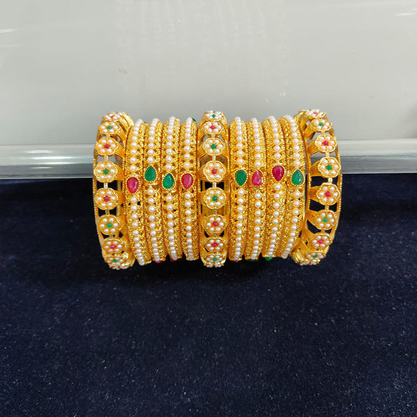 Pooja Bangles Gold Plated Pearl And Pota Stone Bangle Set