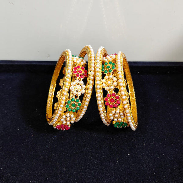 Pooja Bangles Gold Plated Crystal Stone And Pearls Bangles Set