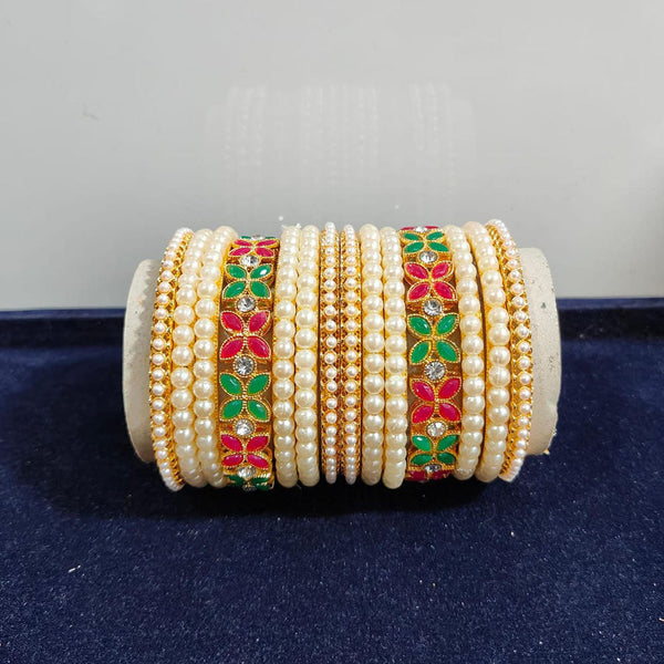 Pooja Bangles Gold Plated Crystal Stone And Pearls Bangles Set