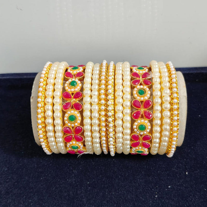 Pooja Bangles Gold Plated Crystal Stone And Pearls Bangles Set