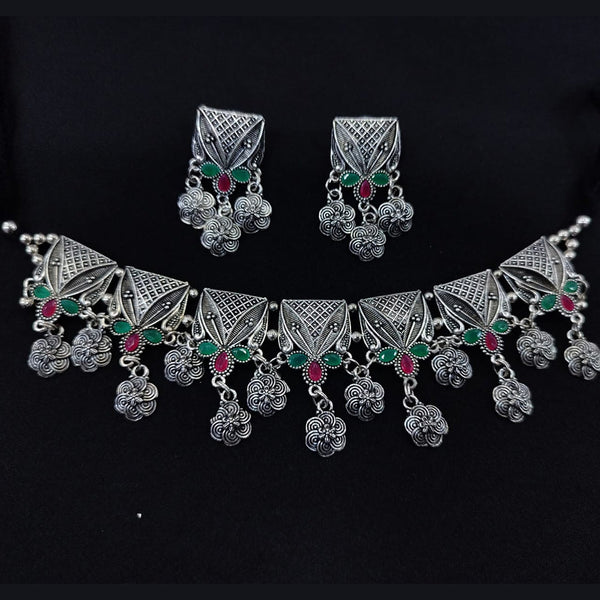 Pooja Bangles Oxidised Plated Crystal Stone Choker Necklace Set