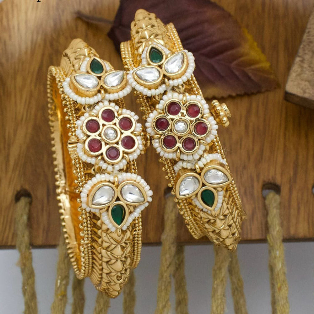 Pooja Bangles Gold Plated Pota Stone And Pearls Openable Bangle Set