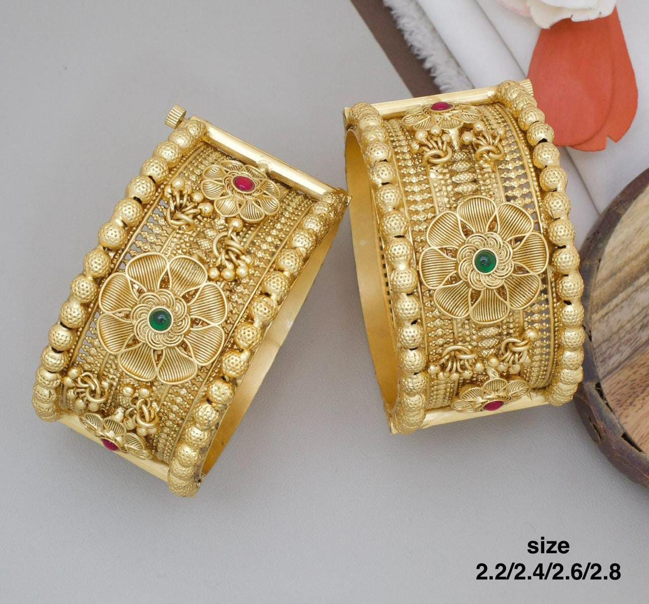 Pooja Bangles Gold Plated Pota Stone Openable Bangle Set