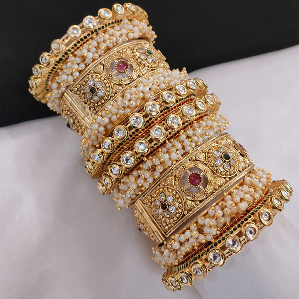 Pooja Bangles Gold Plated Kundan Stone And Pearls Openable Bangle Set