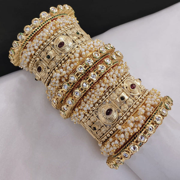 Pooja Bangles Gold Plated Kundan Stone And Pearls Openable Bangle Set