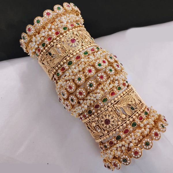 Pooja Bangles Gold Plated Kundan Stone And Pearls Openable Bangle Set