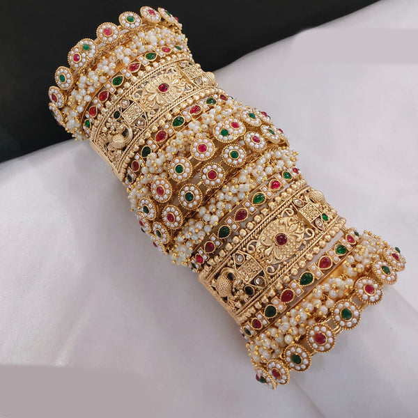 Pooja Bangles Gold Plated Kundan Stone And Pearls Openable Bangle Set