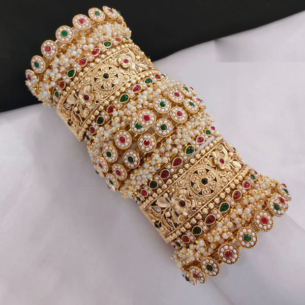 Pooja Bangles Gold Plated Kundan Stone And Pearls Openable Bangle Set