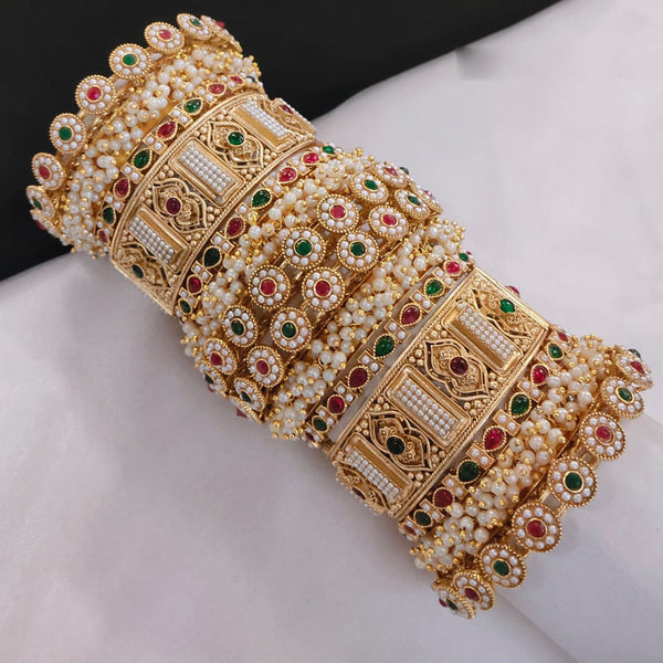 Pooja Bangles Gold Plated Kundan Stone And Pearls Openable Bangle Set