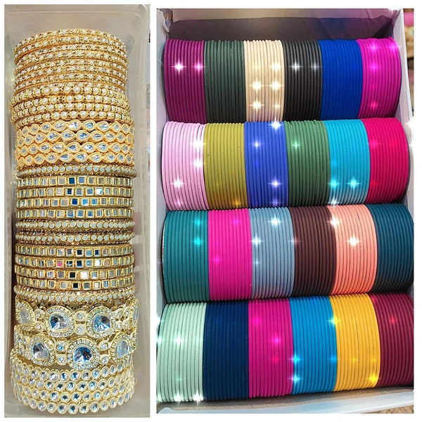 Pooja Bangles Gold Plated Kundan Stone Metal Bangles Set (Assorted Color )