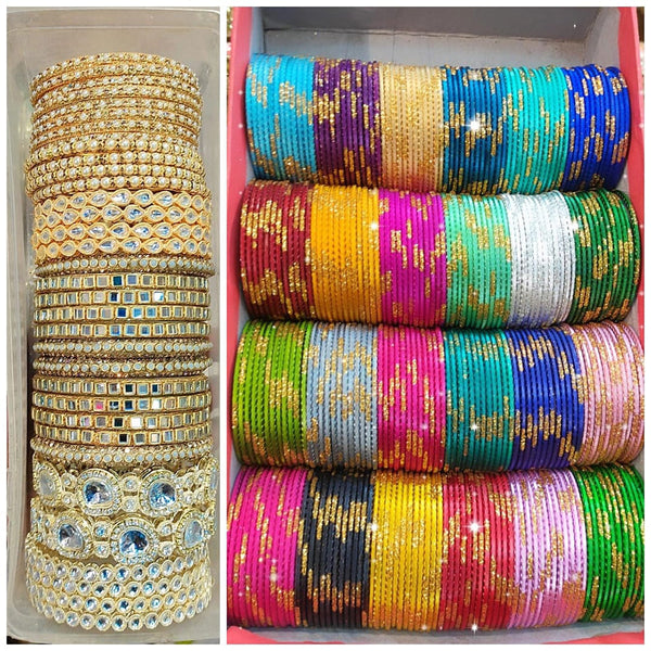 Pooja Bangles Gold Plated Kundan Stone Metal Bangles Set (Assorted Color )